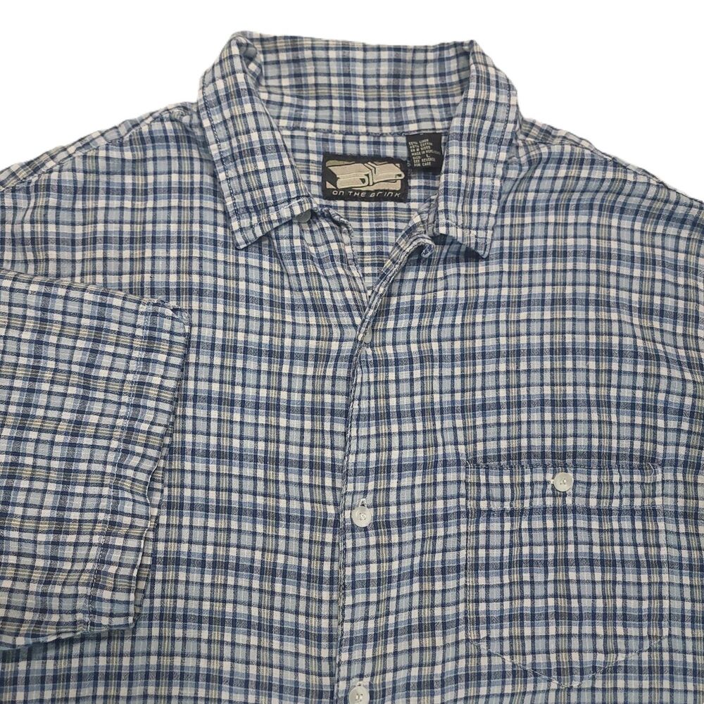 On the Brink Men's L Shirt Linen Blend Button Up Short Sleeve Plaid Pocket VTG - Picture 2 of 10